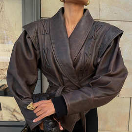 实拍-时尚翻领系带长袖夹克外套2024秋冬跨境女士街头个性外套