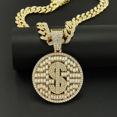 歐美嘻哈合金鑲鑽滿鑽美元圓牌吊墜古巴鏈項鍊HIPHOP男士誇張配飾