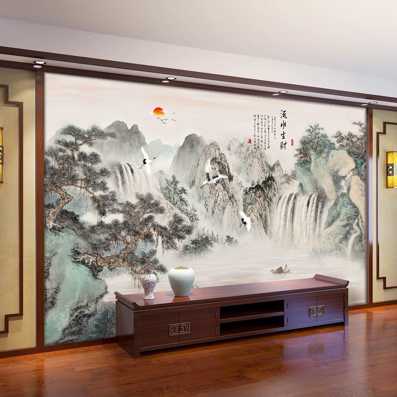 电视背景墙壁画新中式山水画流水生财壁布3D立体壁纸客厅影视墙布|undefined