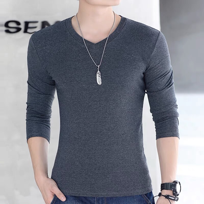 Autumn and Winter Men's Long-Sleeved T-Shirt V Neck Casual Versatile Heart-Neck Green and Middle-Aged Pure Color Intimates Bottoming Shirt