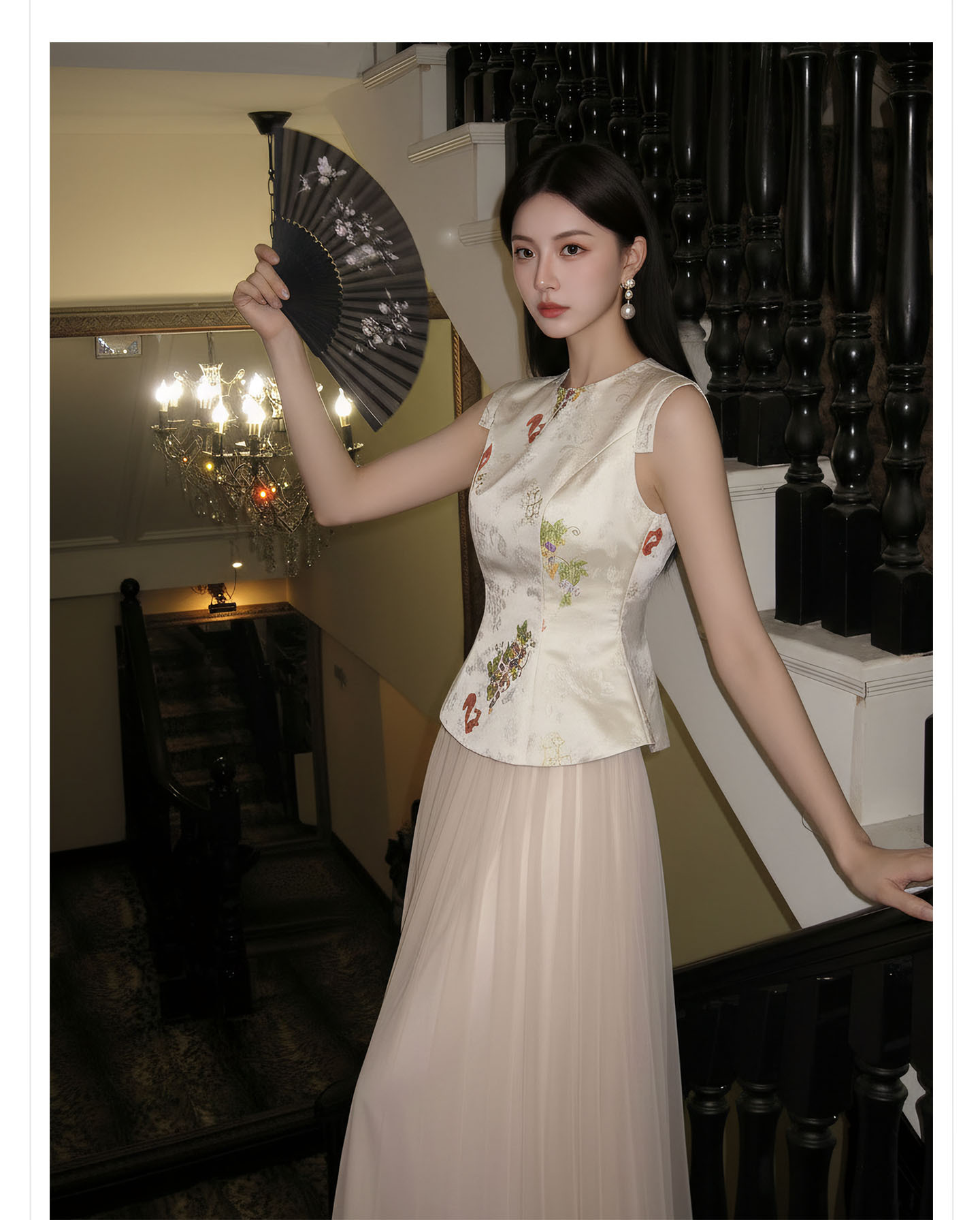 Bộ áo vest gile và chân váy lưới thêu hoa phong cách tân cổ điển — bộ đồ, nửa váy, Áo khoác màu mơ chi tiết 4