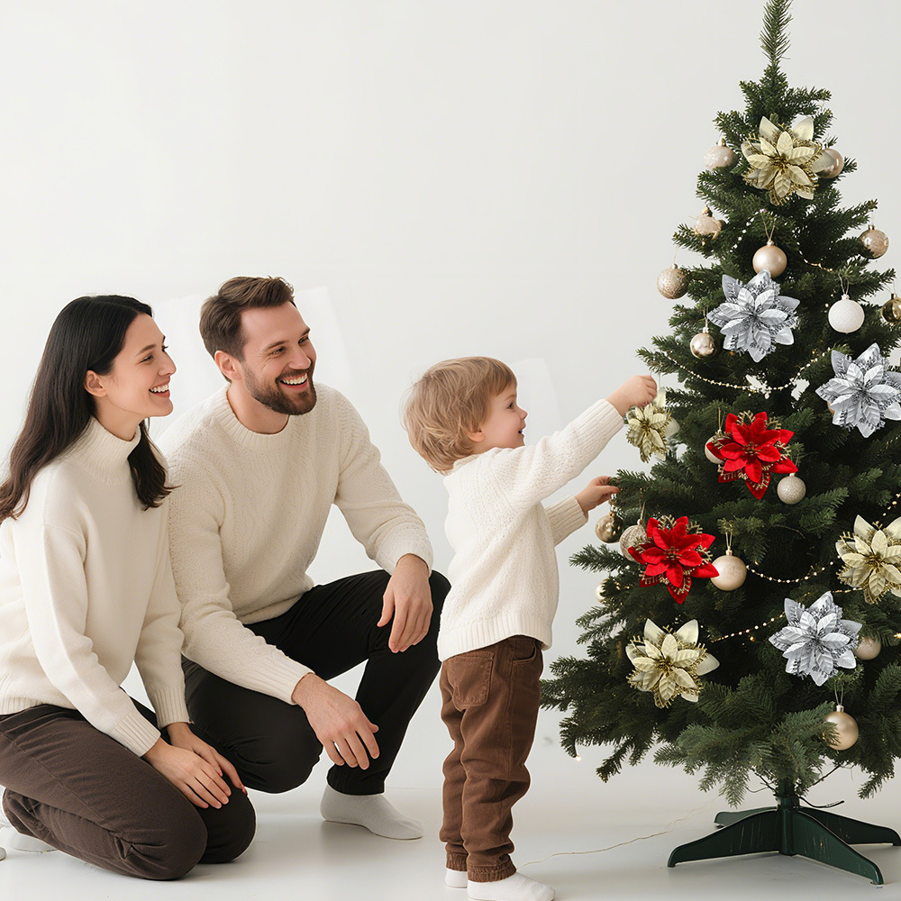 Polvo de oro transfronterizo de alta gama flor de Navidad polvo de oro tridimensional de tres capas flor de Navidad decoración de árbol de Navidad decoración de guirnalda al por mayor