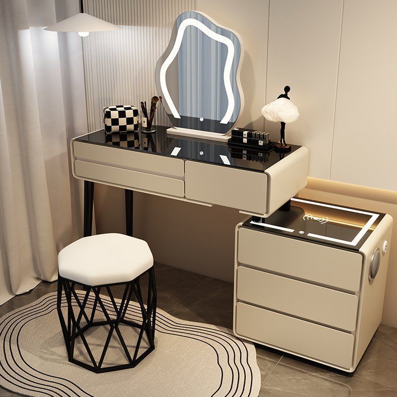 카키 그레이 3단 서랍 스마트 모델 - 올 원목 100 테이블 + 캐비닛 클라우드 미러 + 새둥지 스툴