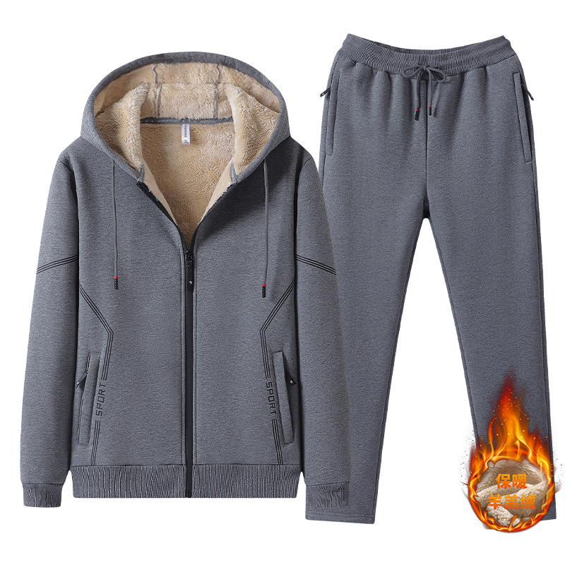 Trajes deportivos de invierno para hombres, algodón grueso, cordero de cachemira grueso, cardigan de tamaño grande, ocio grueso, dos piezas, moda