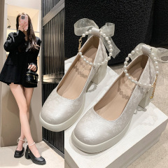 瑪麗珍單鞋女2024春秋新款仙女風設計感時尚珍珠粗跟配裙子高跟鞋