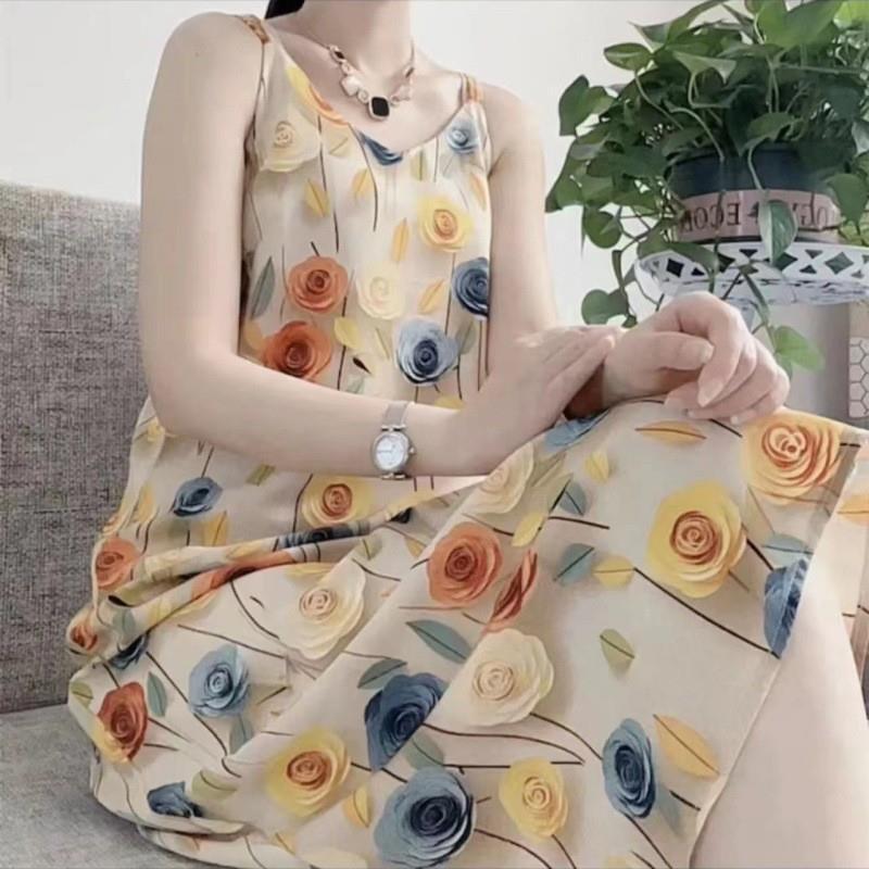 dress Elegant Printed Slip Dress Floral Fashion Long Dress Women's Sleeveless New Chinese Style Slip Dress Floral Dress for Outer Wear