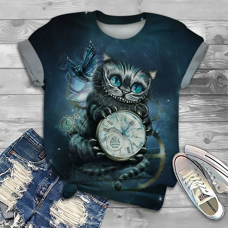 Женская футболка с круглым вырезом AliExpress Amazon, летняя футболка свободного кроя с 3D цифровым принтом и рисунком волшебного кота с мультяшным рисунком