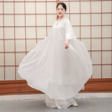 中式连衣裙民族风文艺女装春秋大码宽松禅意茶服雪纺复古长裙佛系