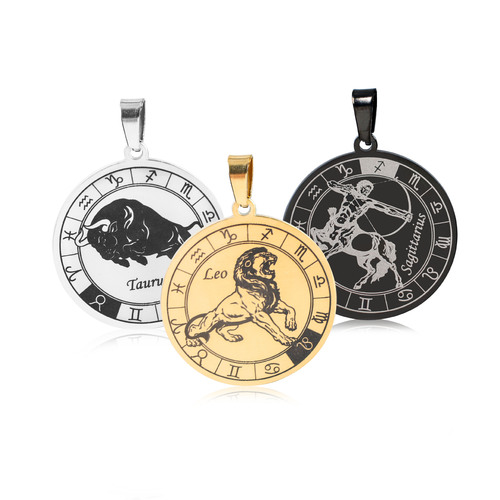 Cross-border new stainless steel bold personality twelve zodiac round pendant DIY titanium steel men's zodiac pendant