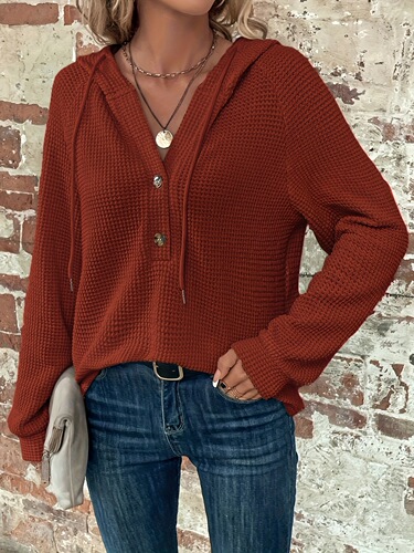 Women's Elegant Long Sleeve Button Embellished Waffle Knit