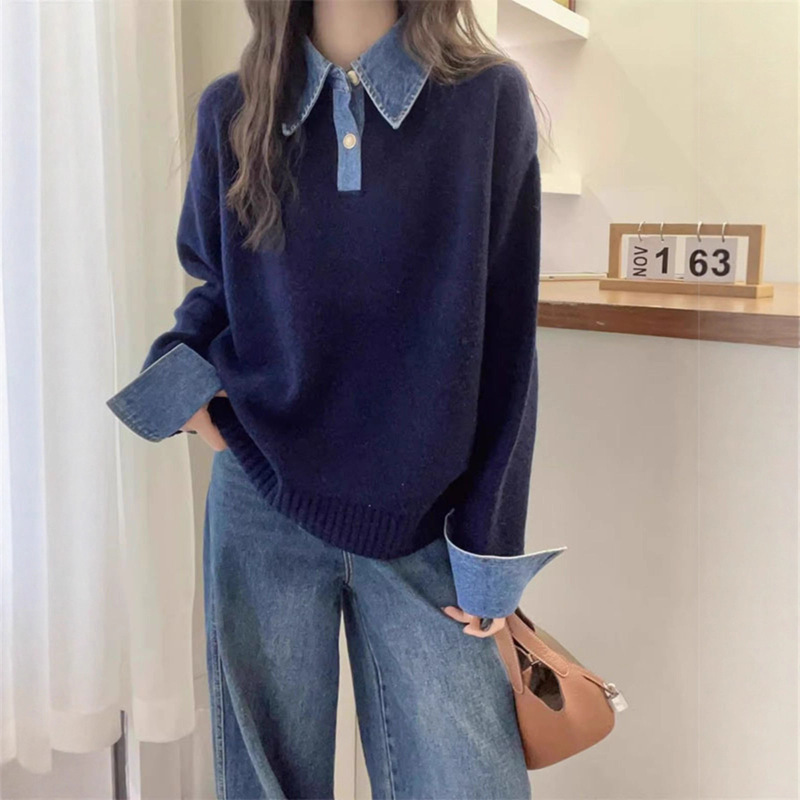 Denim Sleeve Splicing Fake Two-Piece Knitwear Jacket for Women 2025 Autumn and Winter New Loose Casual Knitwear Long-Sleeved Top