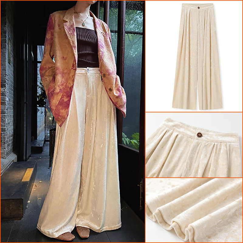 Chinese Style Velvet High-Waisted Casual Pants Autumn New Chinese Fashion High-Waisted Wide-Leg Long Pants for Women N9066
