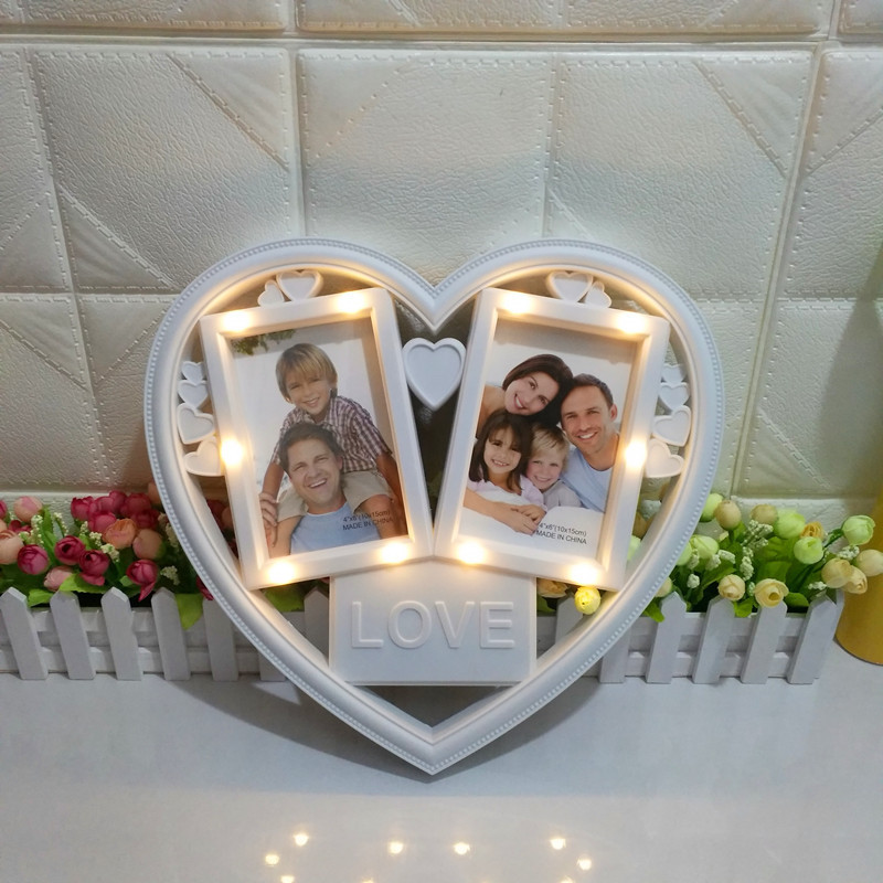 New Led Light Heart-shaped Photo Frame Plastic Wall-mounted White Pink Double Hole Photo Frame Cross-border Products