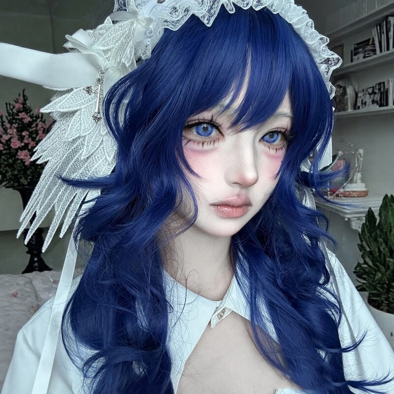 Wig Internet Celebrity Deep Sea Blue Medium Parted Big Wavy Long Curly Hair Jk Gothic Lolita Subculture Full Headgear for Women Wig Internet Celebrity Deep Sea Blue Medium Parted Big Wavy Long Curly Hair Jk Gothic Lolita Subculture Full Headgear for Women