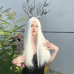 Hairpiece for women, European and American fashion, white long straight synthetic wig, cross-border middle parting long hair, overseas drop shipping