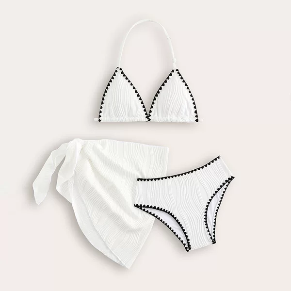 Amazon European and American pure color small fresh bikini children's swimsuit three-piece set large girls holiday beach swimsuit