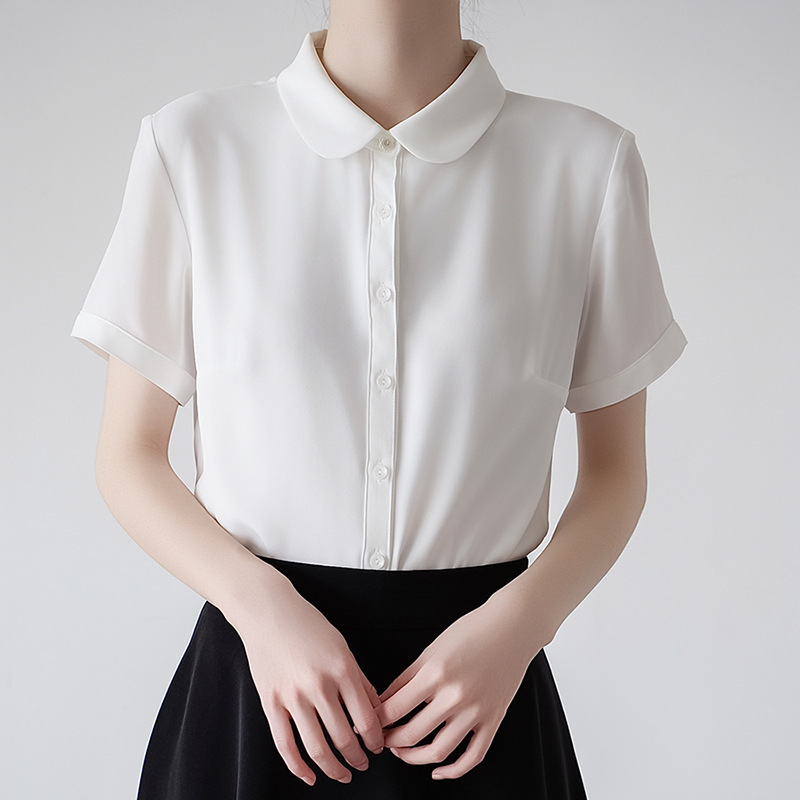White Anti-transparent Lightweight Chiffon Short-sleeved Shirt Women's Summer Professional Top for UGC Interview Dress Shirt
