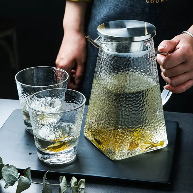 创意高硼硅玻璃冷水壶锤纹大容量凉开水壶家用不锈钢盖果汁扎壶