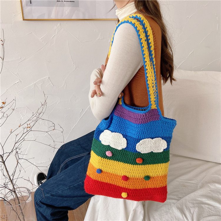 Women's Medium Fabric Clouds Rainbow Stripe Cute Square Open Shoulder Bag display picture 27