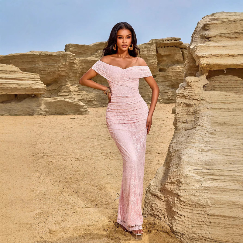 New Foreign Trade Cross-Border Elegant One-Shoulder Evening Gown with Lace Floral Pattern, Long Dress for Women