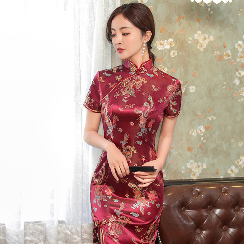 Chinese dresses for women oriental retro qipao dresses host singers stage performance miss etiquette Cheongsam short-sleeved long brocade Chinese style long dresses