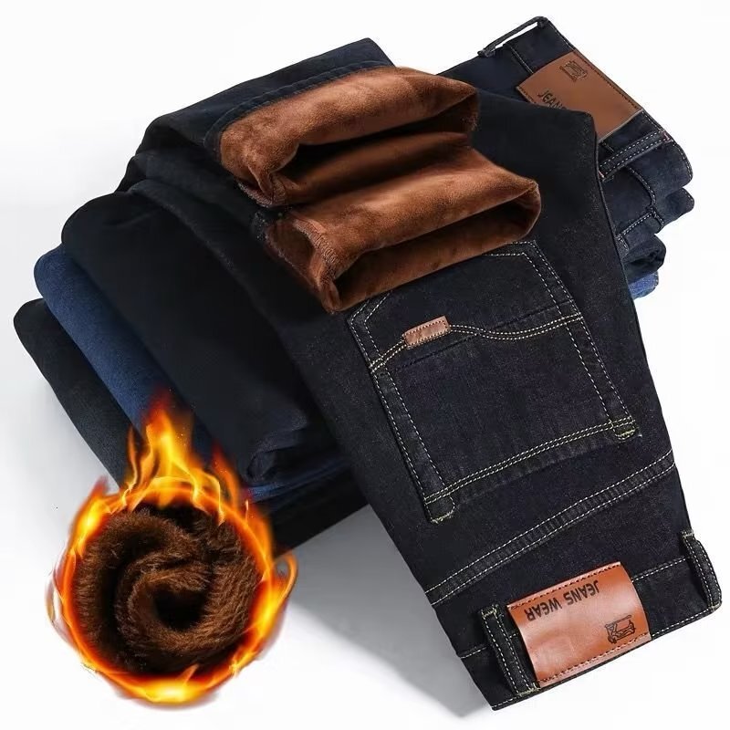 Autumn and Winter New Men's Fleece Jeans Straight Business Versatile Work Pants Middle-Aged and Elderly Men's Trousers in Stock