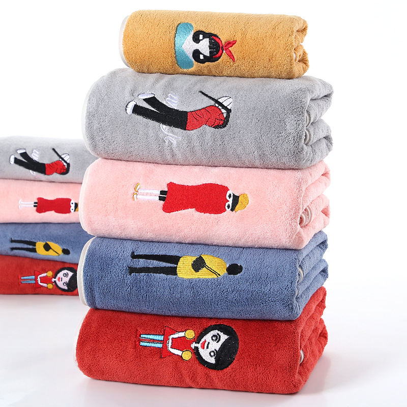 Coralline velvet towel with added size and thickness, household soft and absorbent bath and face washing embroidered large towel, gift wholesale
