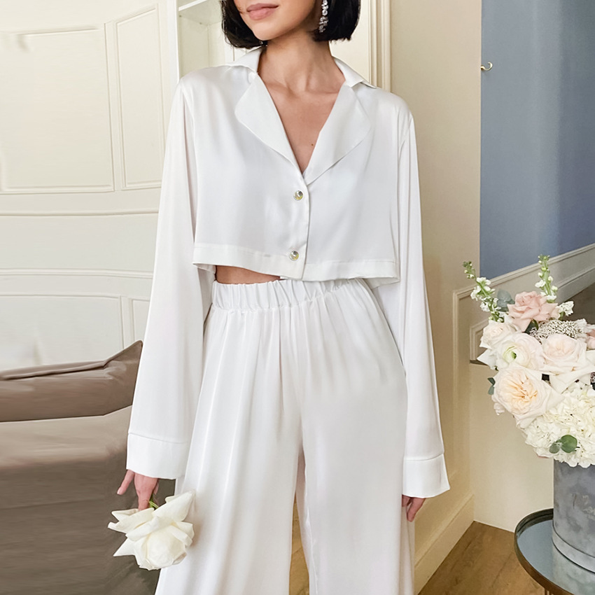 long sleeve crop shirt high waist trousers two-piece lounge set NSSQS135130