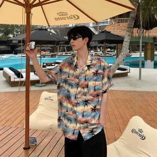 夏季凉感古巴领花衬衫男士时尚椰树印花海边度假风冰丝短袖衬衣潮