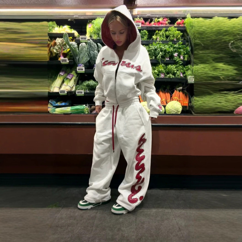 Y2K hip-hop jazz street style cardigan hoodie, loose-fit letter-printed drawstring low-waist slim-fit casual pants