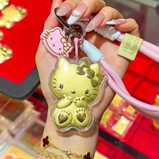 Gold Kt Cat Mobile Phone Chain Pendant Pure Gold 999 Keychain Bag Hanging Gift for Best Friend's Birthday Gift Water Shell