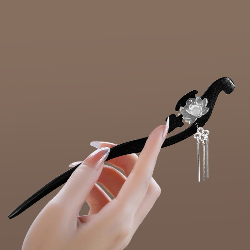 古风莲花木质发簪女现代马面裙步摇新中式日常盘发钗子发饰流苏|undefined