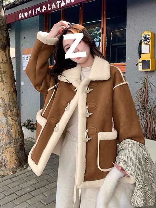 牛角扣麂皮绒皮毛一体羊羔毛绒外套女2025冬季新款加厚保暖棉服|undefined