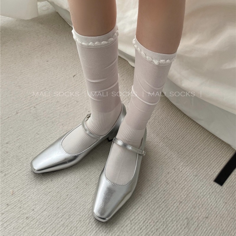 Women's Summer Thigh-high Socks, Thin, Ins Trendy, Simple, Lace Edge, Breathable Mesh, Grey, Bunchy Socks, Boneless Socks