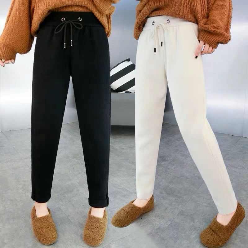 Double-sided cashmere knitted pants women's autumn and winter loose thickened woolen harem cropped pants winter radish pants skinny pants