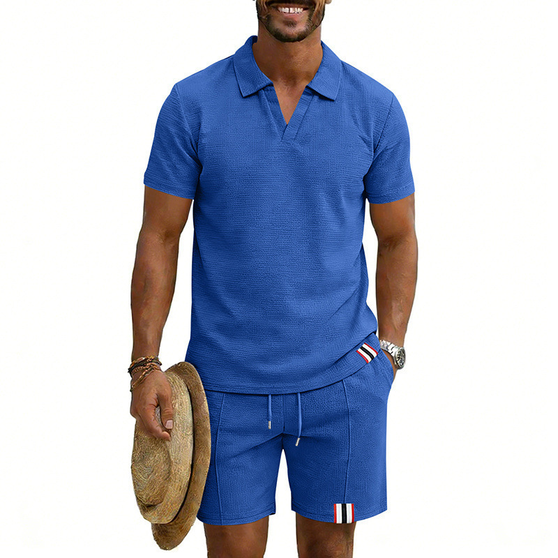 Men's Summer Waffle Knit Polo Shirt And Shorts Set, Casual Breathable Comfort Outfit For Daily Wear ​​Lightweight & Quick-Drying Fabric​_viptrois.com