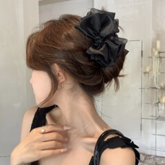 オーガンジーのリボン付きヘアクリップ、超上品でエレガントなメッシュヘアクリップ、優しい後頭部用大型シャーククリップヘアピン