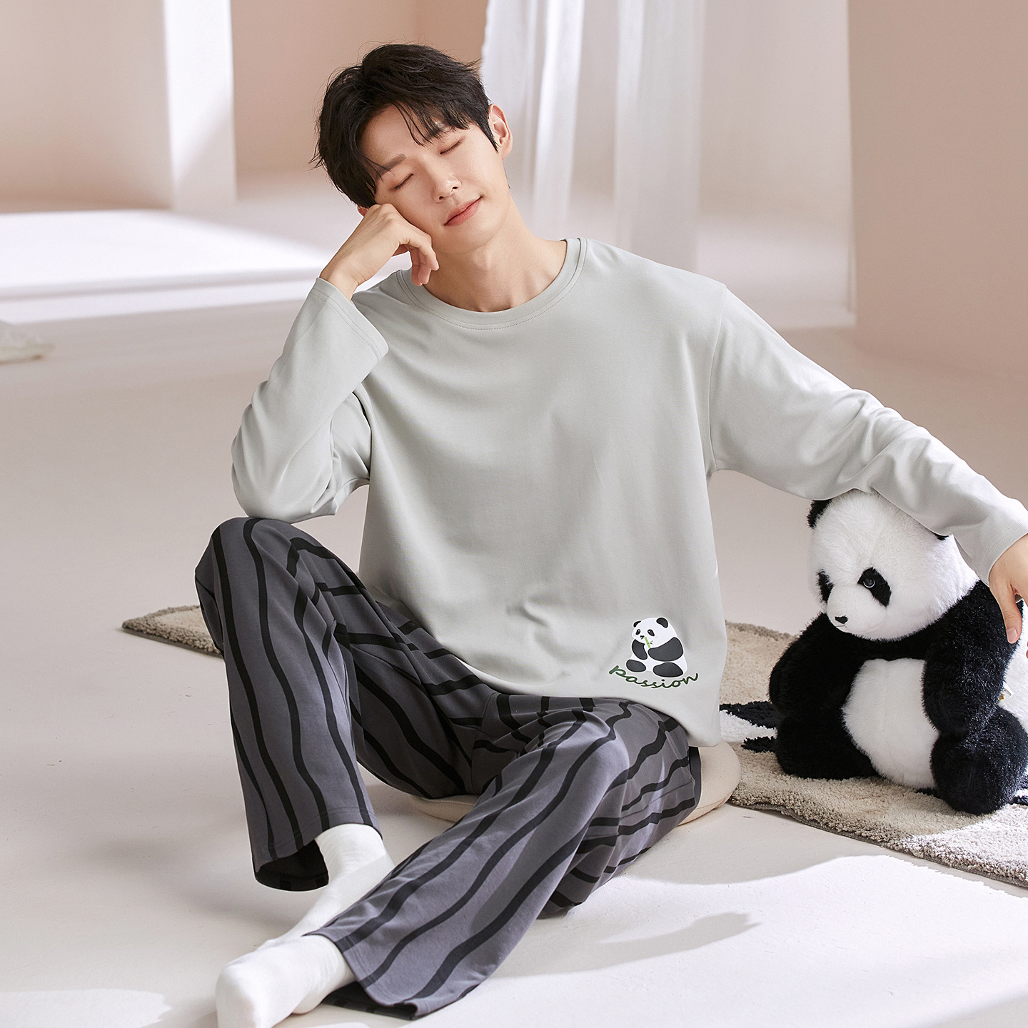 Pajamas Men's Spring and Autum Long-Sleeved Pure Cotton Pullover Casual Autum Style Pull-Up Cotton Loose Plus Size Home Wear Set