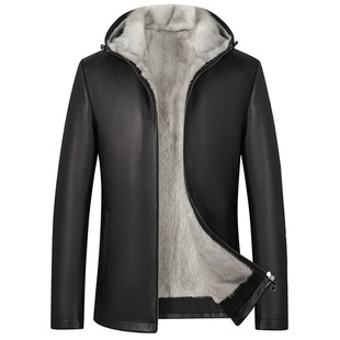 Men's Winter Genuine Leather Coat Thickened Mink Liner Hooded Light Business New Daddy Leather Jacket Coat