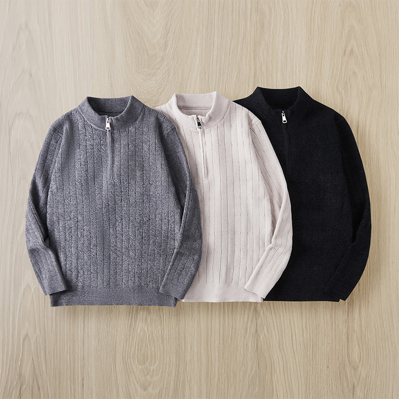 Maglione invernale da uomo in maglia jacquard con cerniera, motivo a blocchi di colore e a righe, strato di base spesso da 320 g, vestibilità ampia e collo alto._voghion.com