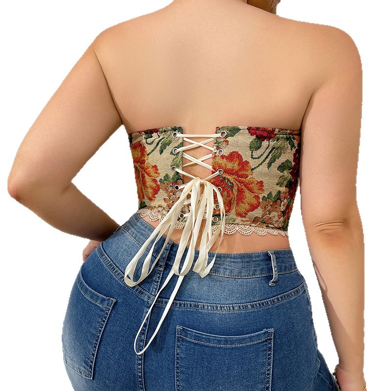 Sutiã plus size retrô francês espinha de peixe, top tomara que caia floral com estampa cruzada, estilo regata, para mulheres._voghion.com
