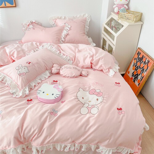 Girly heart 60 count long-staple cotton four-piece set 100% cotton pink Kitty cat patch embroidered lace quilt cover bedding