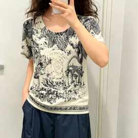 26夏季新款跨境潮牌国风水墨印花圆领短袖女宽松薄款减龄针织上衣