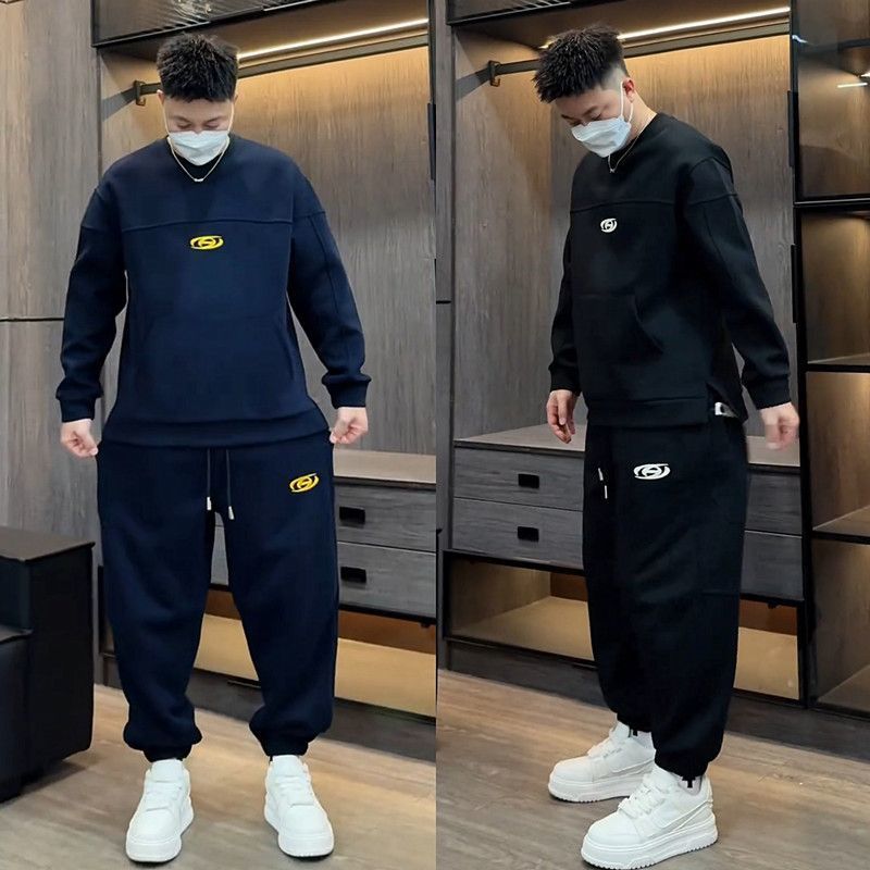 가을과 겨울 기모 미국 무거운 느슨한 캐주얼 세트 남성용 트렌디 브랜드 크루 넥 스웨트 셔츠 투피스 헤어 바지