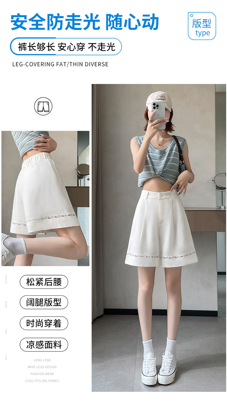 Quần short vải lanh nữ cạp cao ống rộng dáng chữ A — Xanh lông mòng đen chi tiết 11