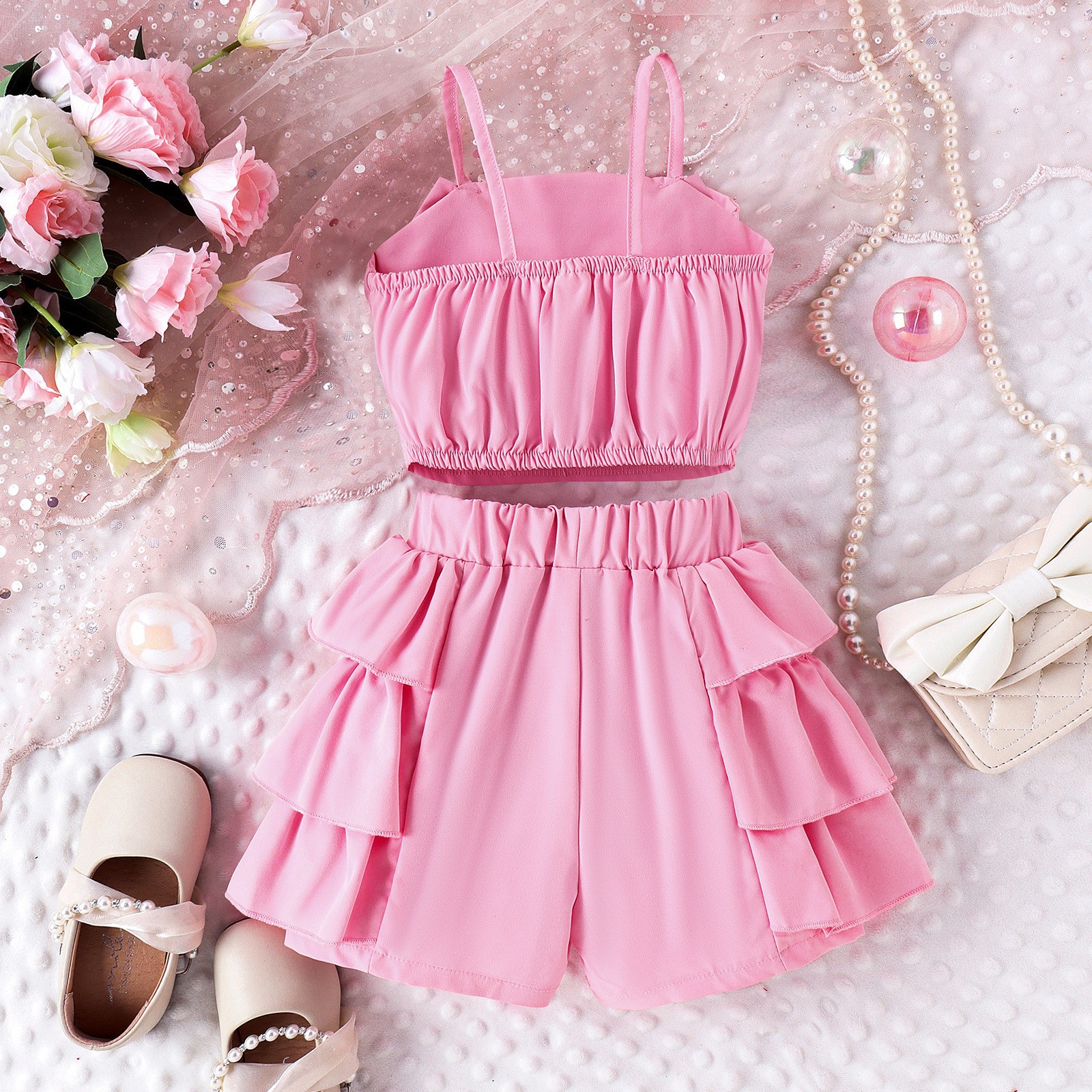 160g Weight Kids Clothing Sets Children's Clothing Type Sleeveless Sleeve Length Polyester Fabric Type Shorts Sets Sets Type 2 Pieces Set Quantity Casual, Daily Occasion Collarless Neckline Regular Fit Fit Type Solid Color Pattern 2025 Spring and Summer Season Girl'S Gender Pearl Design Simple Style Style Pink, Purple, Yellow Color Simple Style Solid Color Pearl Polyester Girls Clothing Sets 19
