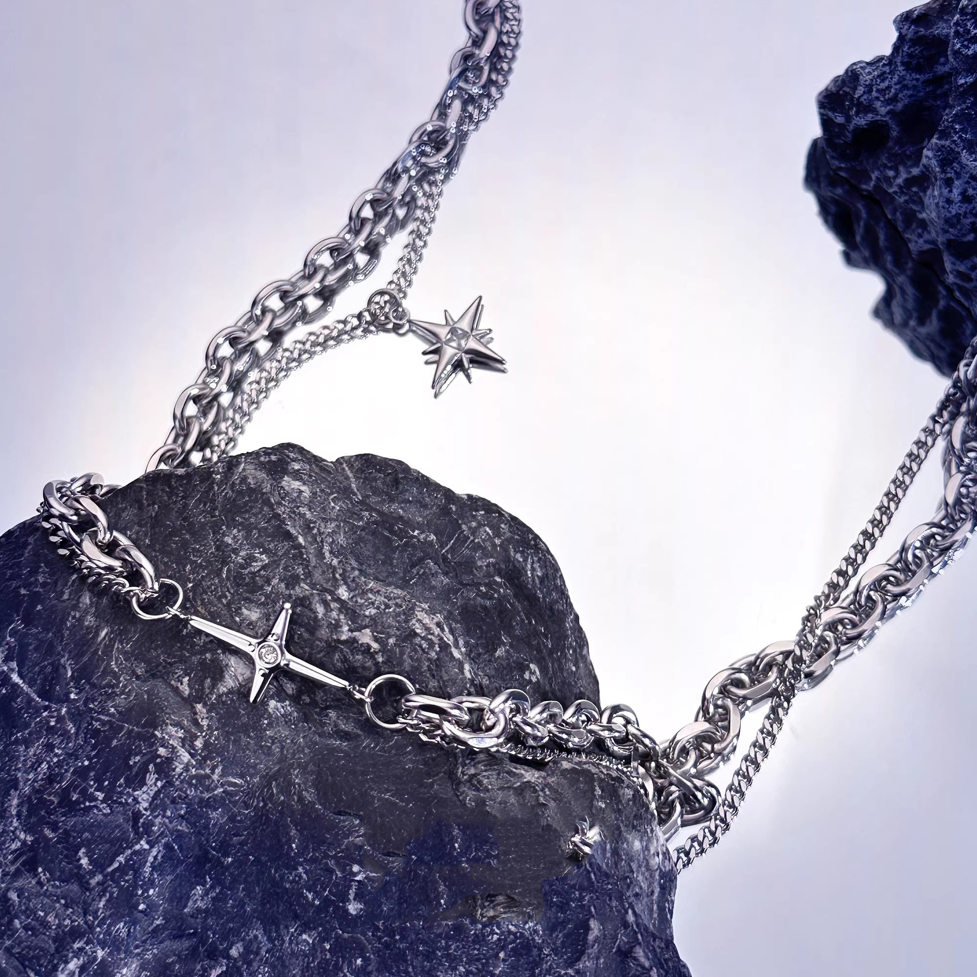 Double Layer Chain Necklace With Cross And Star Pendants For Men_voghion.com