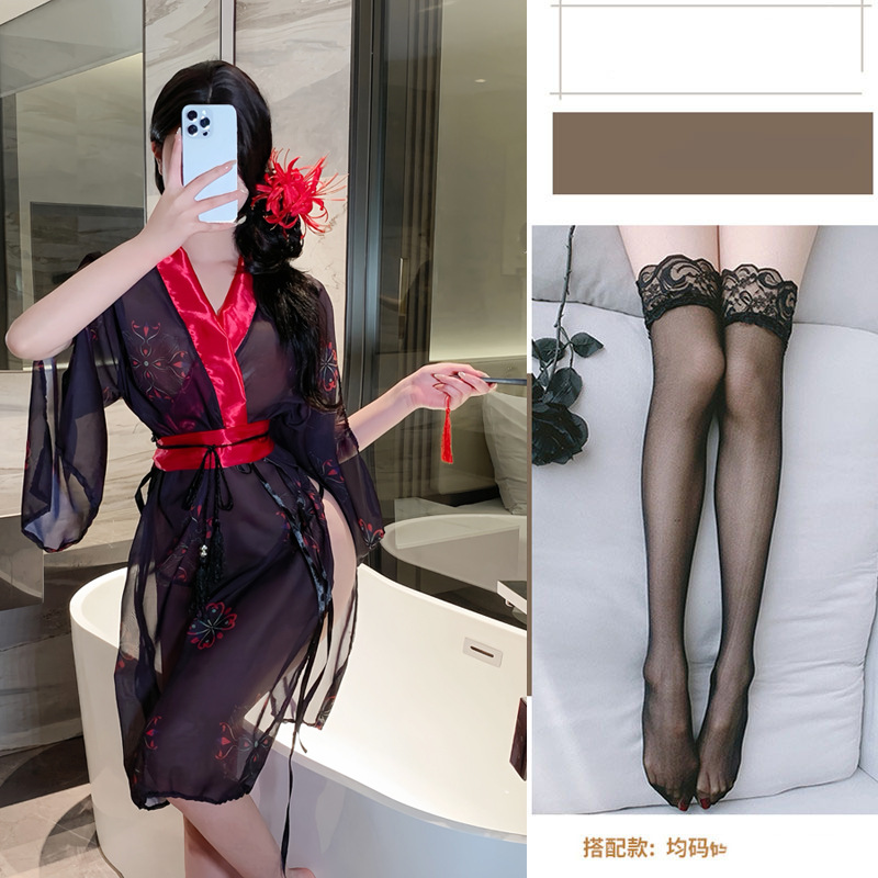 블랙[기모노+벨트+로프]+블랙스타킹
