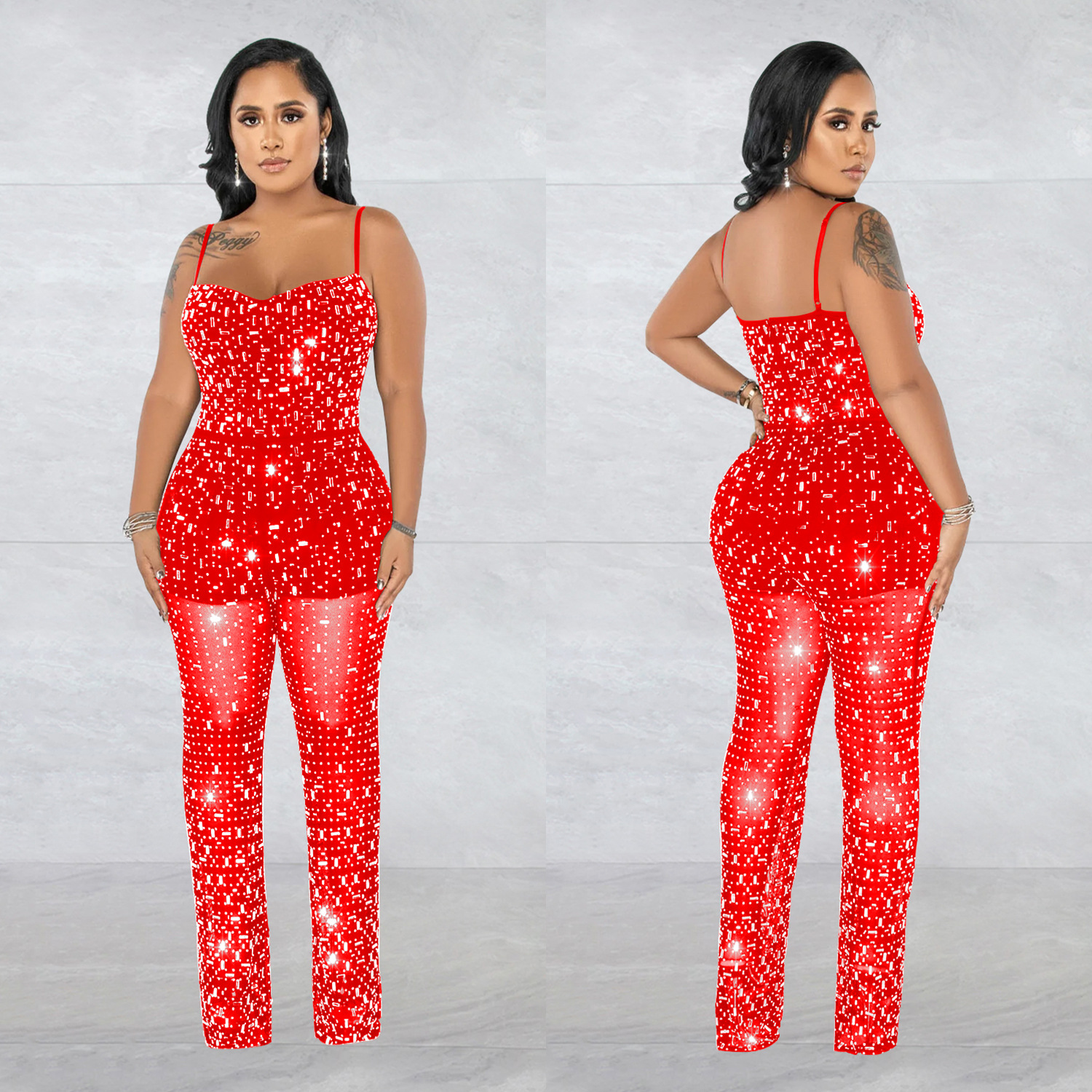 C6556 transfronterizo AliExpress Amazon moda europea y americana ropa de mujer rhinestone malla correa sin mangas pantalones mono image 5