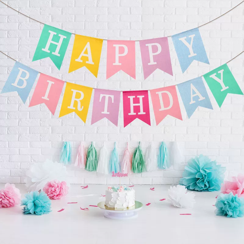 Цветная гирлянда из мешковины Happy Birthday для праздника